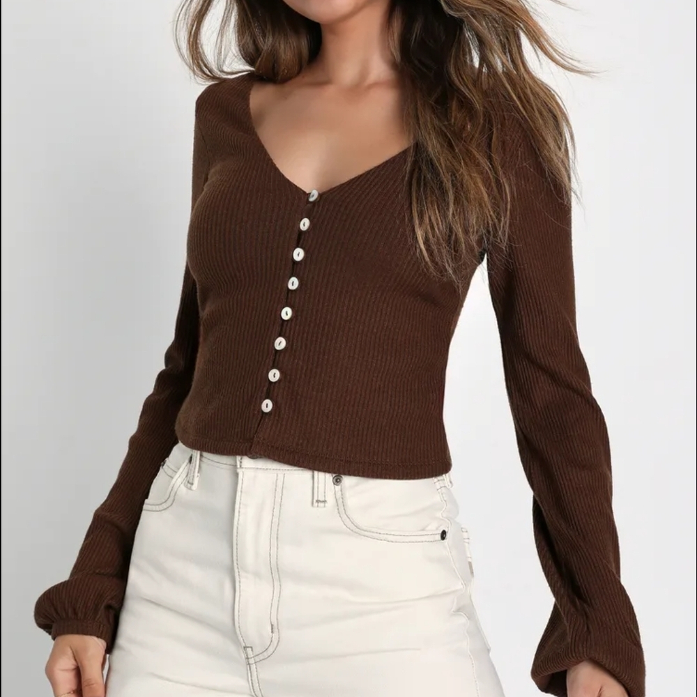 Lulu's Deep Brown Button-Down V-Neck Top